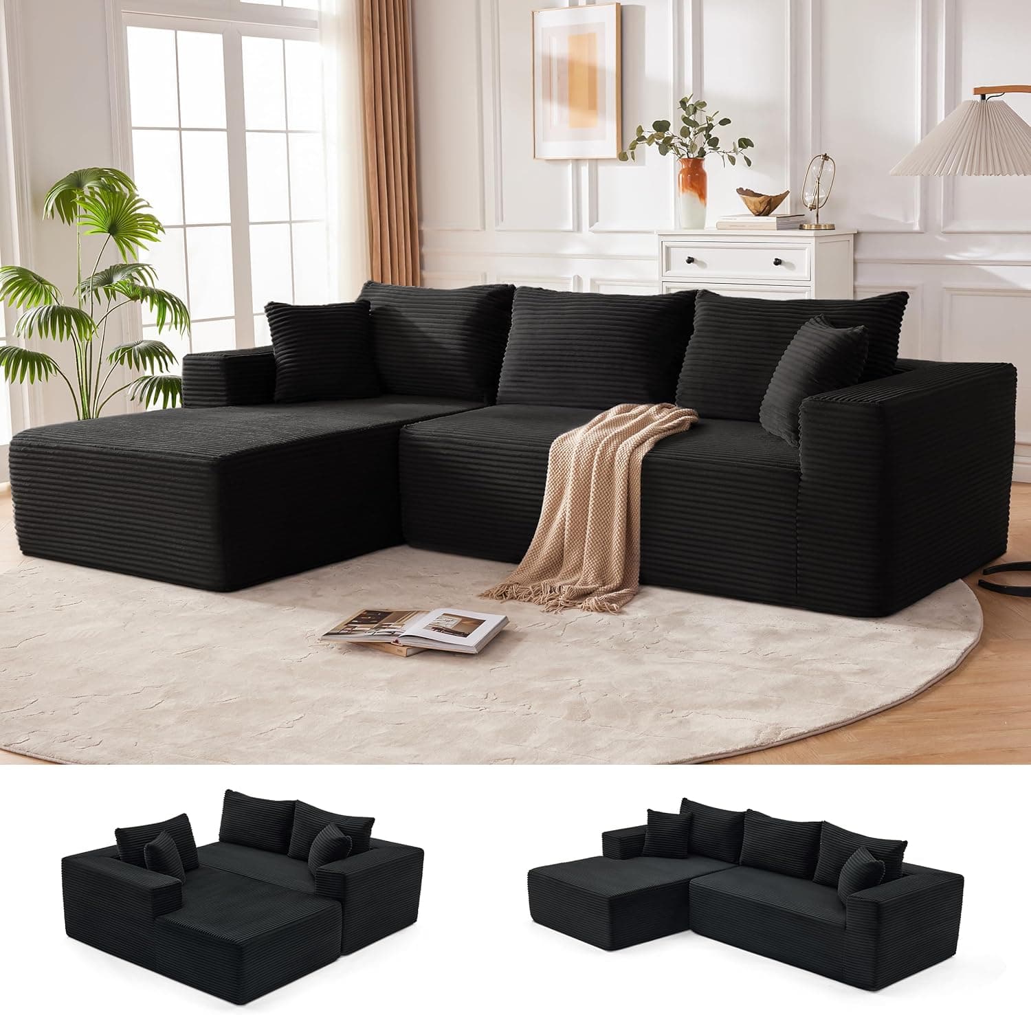 110” Cloud Sectional Couch, Boneless Sofa for Living Room, Modular Sectional Sofa with Deep Seat, Comfy Fluffy Couch with L-Shaped Chaise, No Assembly Required (Left-Facing Chaise, Black)