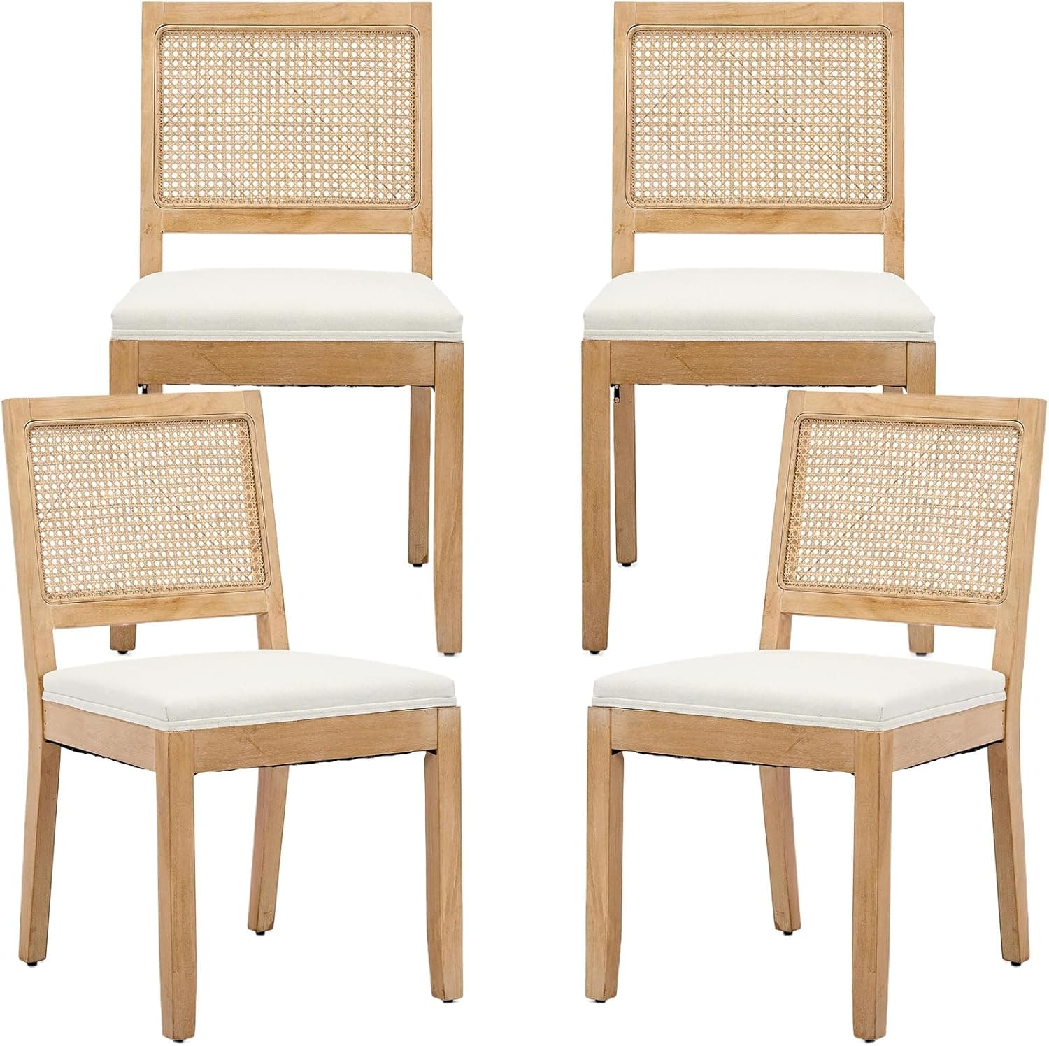 French Country Dining Chairs Set of 4, Cream Kitchen & Dining Room Chairs Set of 4, Ivory Rattan Dining Chairs, Cane Low Back, Wood Legs, Sillas De Comedor (Rattan, Beige, 4Pcs)