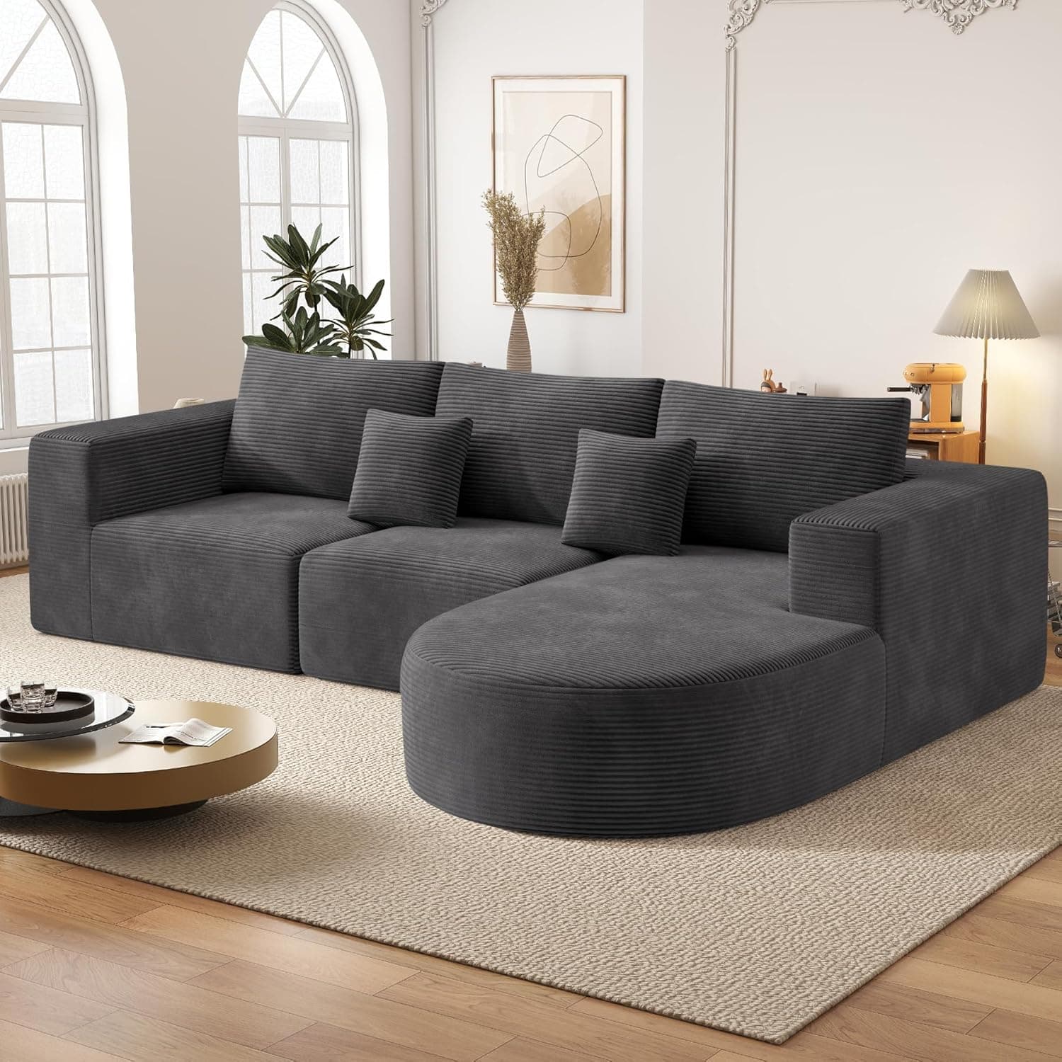 Modern Sectional Sofa with L-Shape Chaise104,Cloud Couch Bed with Deep Seat for Living Room, Upholstered Comfy Couches for Bedroom,No Assembly Required, Grey (Corduroy Fabric) 1PCS