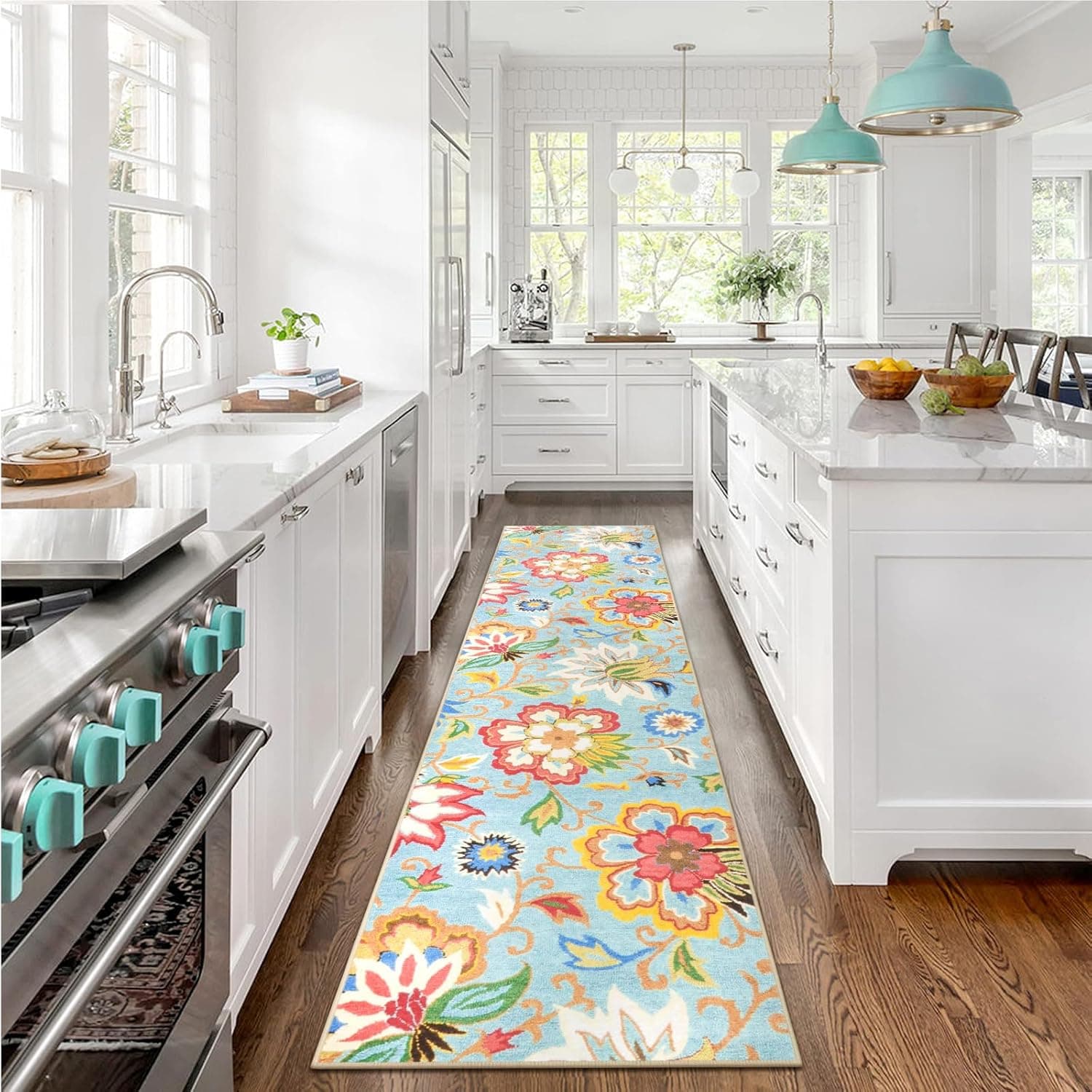 Beeiva Washable Kitchen Runner Rug, 2x8 Colorful Floral Rug Runners for Hallways with Rubber Backing, Flower Plant Entryway Non Skid Ultra Thin Carpet (Colorful,2'x8')