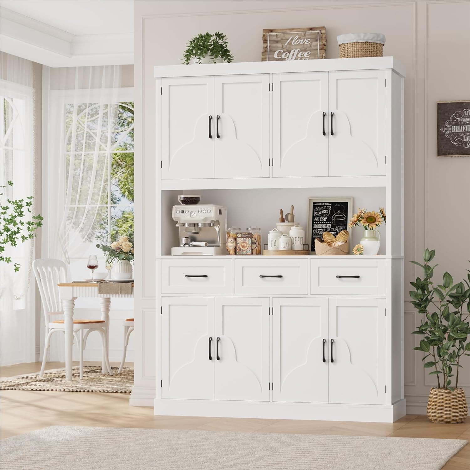 HITHOS 76" Tall Kitchen Pantry Storage Cabinet, 55“ Wide Kitchen Hutch Cabinet with Storage Drawers, Large Food Pantry with Microwave Stand, Modern Cupboard with Hutch for Dining Living Room, White