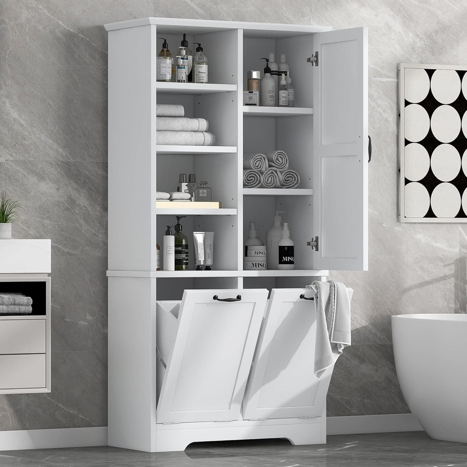 SOFTSEA Double Tilt Out Laundry Hamper Cabinet, 68" Tall Hidden Laundry Cabinet with Adjustable Shelf & Doors, Freestanding Storage Cabinet for Bathroom, Kitchen, White