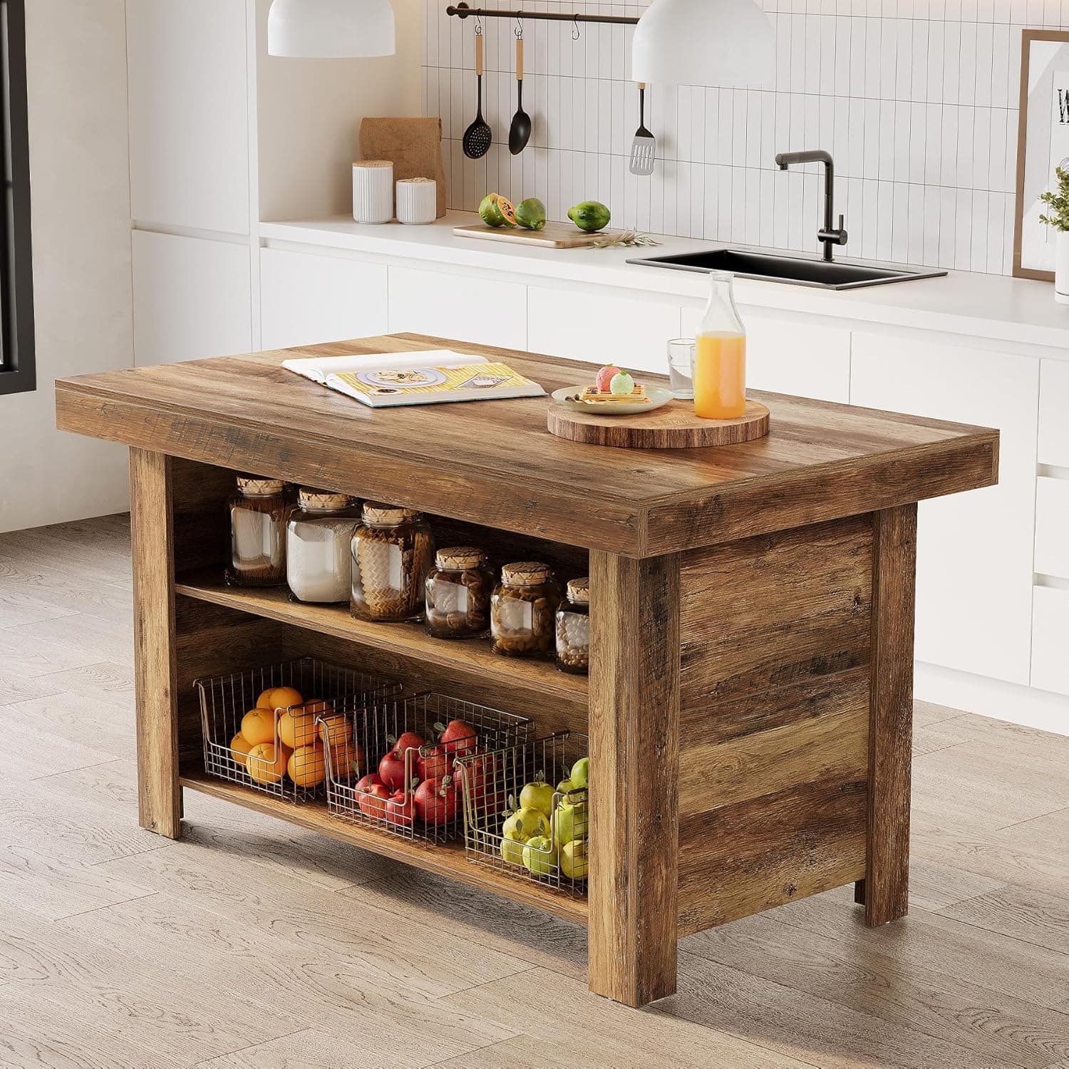 LITTLE TREE 55 Inches Kitchen Island with Storage, 3-Tier Farmhouse Wooden Stationary Island Table with Large Worktop & Leg Room, Modern Coffee Bar Table Storage Cabinet for Kitchen, Rustic Brown