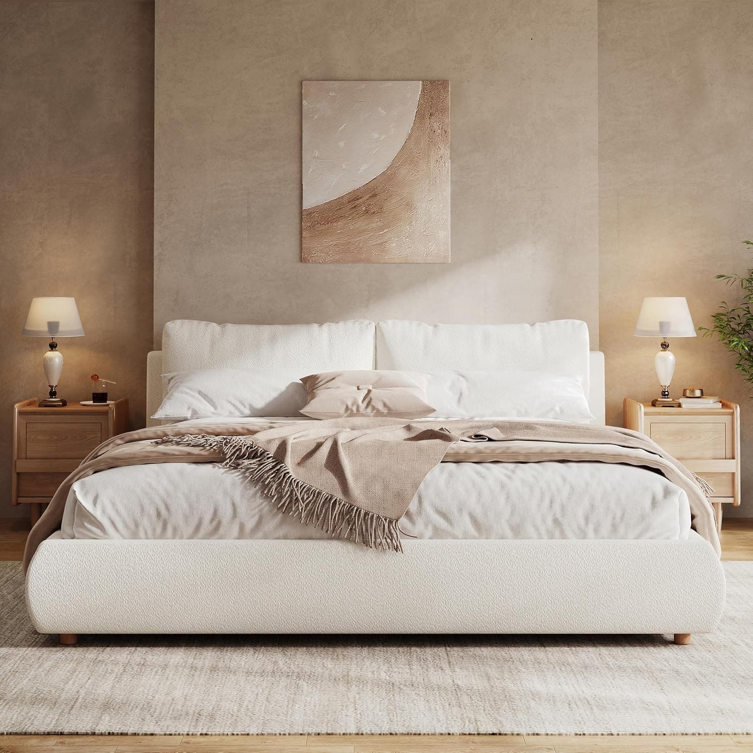 Boucle Fabric Platform Bed with 2 Removable Pillows and Headboard for Bedroom, King Size Upholstered Bed Frame/Light Luxury Design Mattress Foundation/Wooden Slats Support, No Box Spring Needed