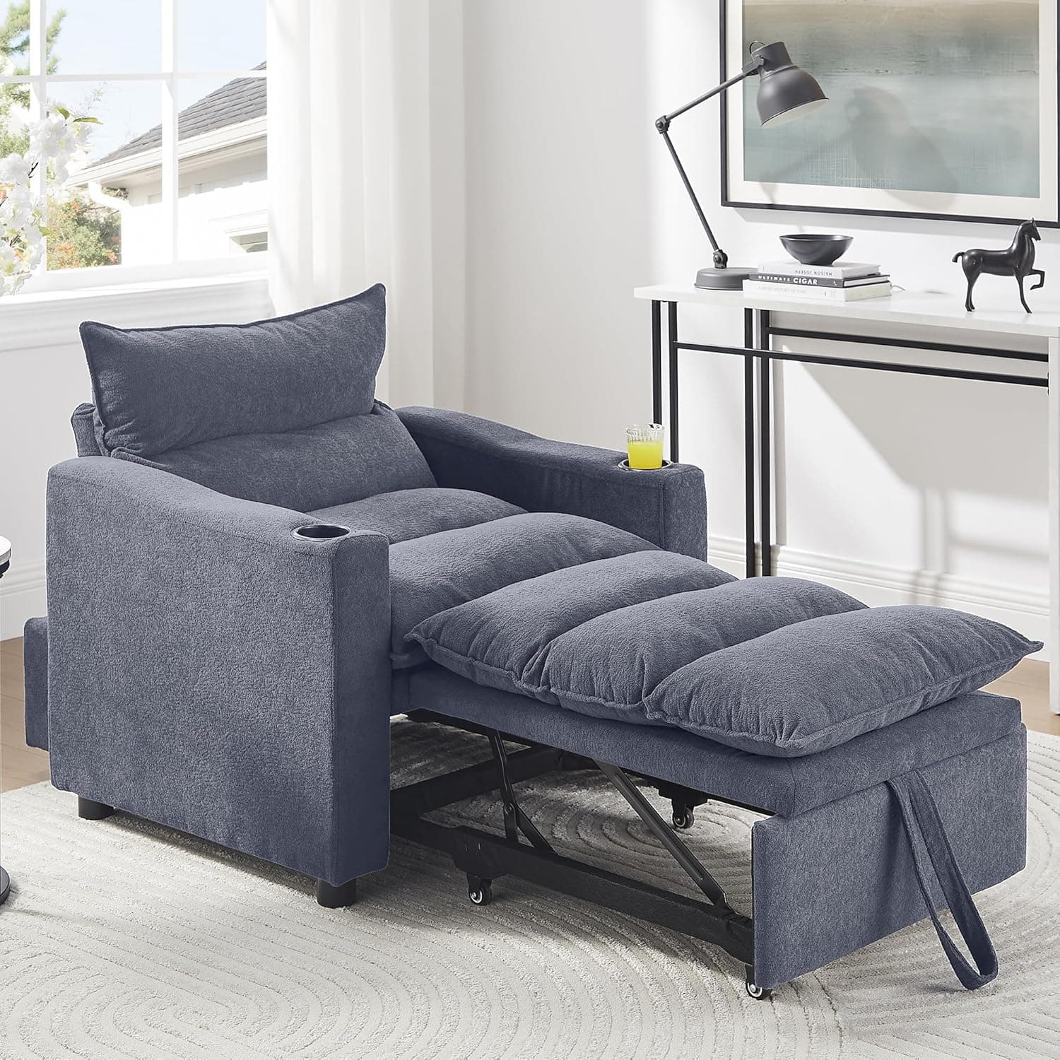 3-in-1 Convertible Sleeper Sofa Chair Bed Recliner Daybed w/Reclining Backrest, Lychee Velvet Upholstered Adjustable Sleeper Chair Pullout Sofa Bed Modern Futon w/Cup Holders