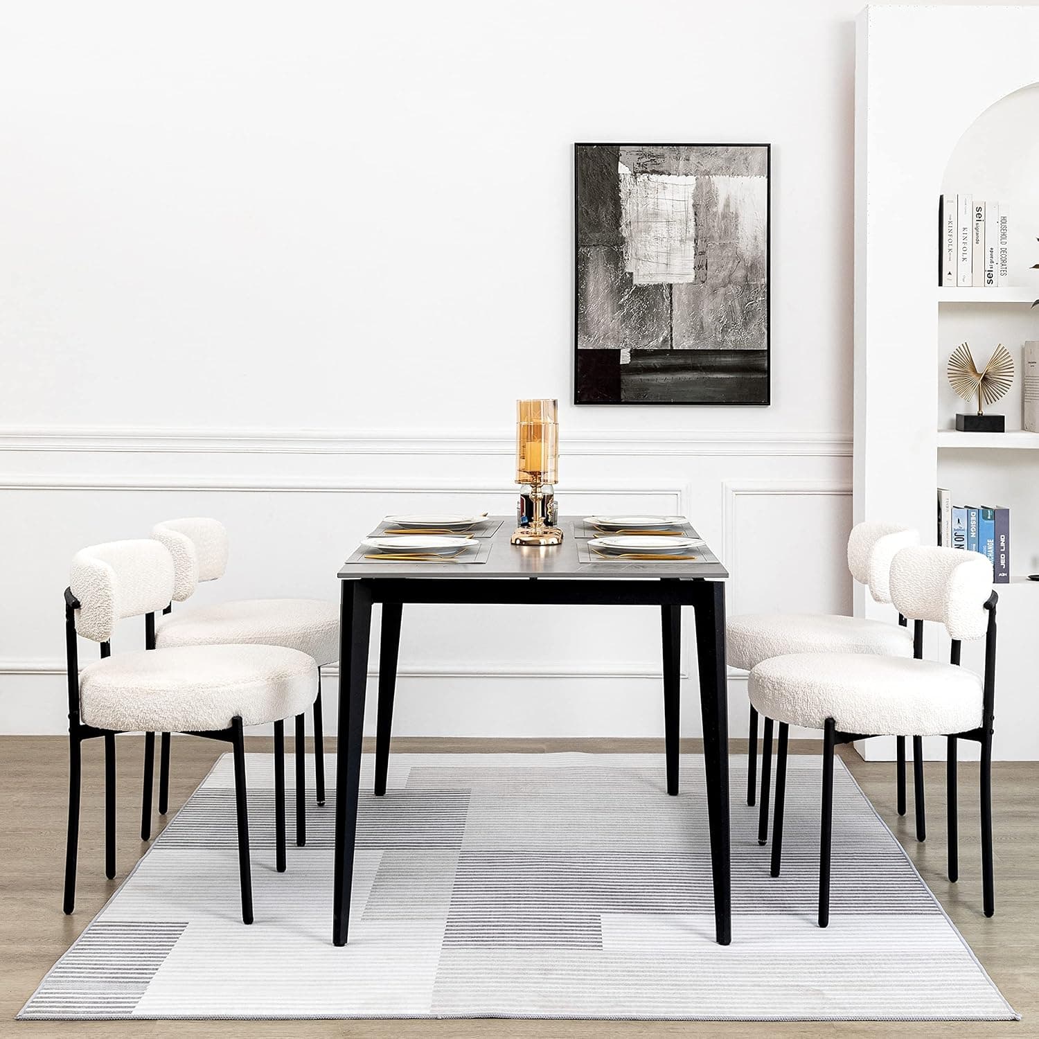 DYHOME White Boucle Dining Chairs Set of 4, Upholstered Kitchen Chairs with Thick Cushions and Metal Legs, Round Modern Dining Room Chairs
