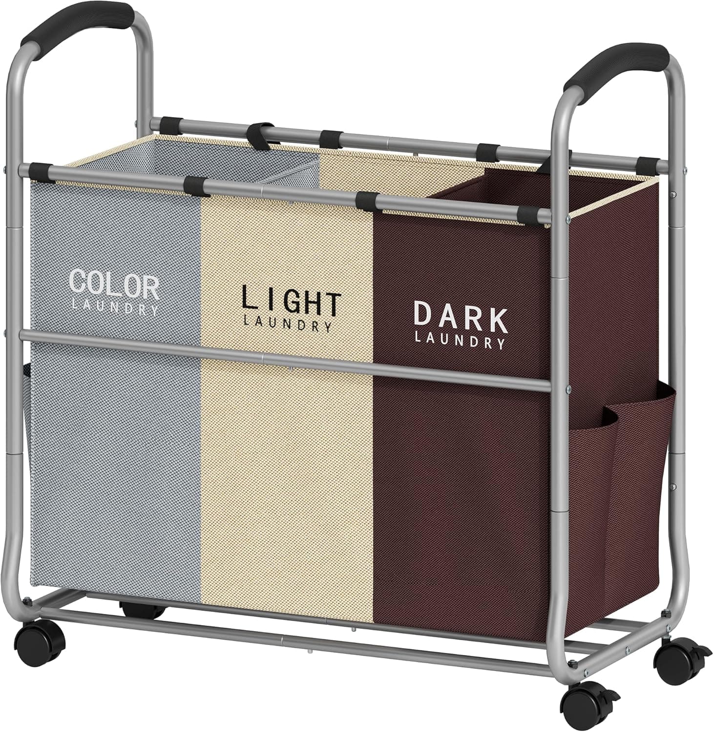 Tajsoon 3 Bag Laundry Cart, Laundry Hamper Sorter with Heavy Duty Lockable Wheels, Laundry Basket Organizer with Removable Bags, Laundry Separator Hamper for Clothes Storage, Gray+Beige+Red
