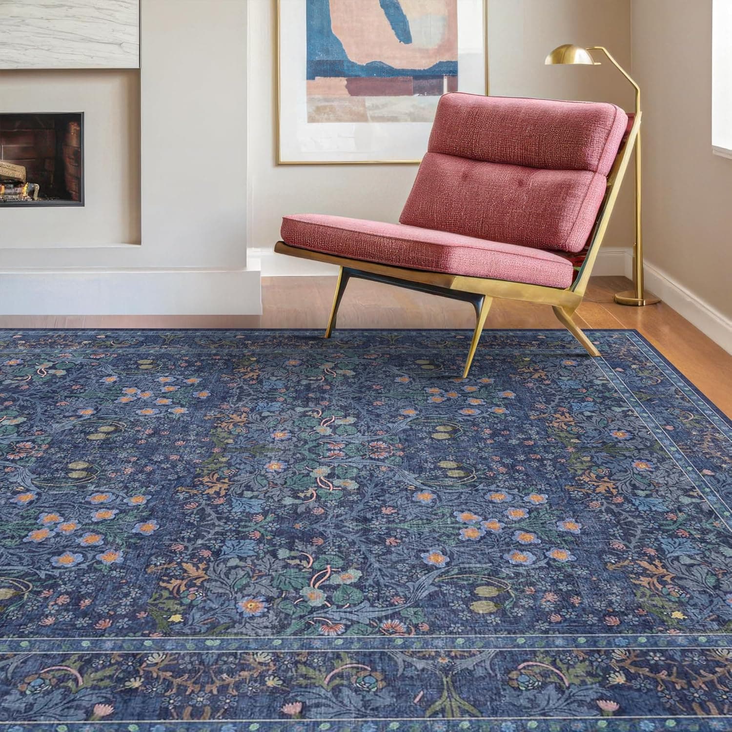 Washable Dark Blue Rug for Living Room - 9x12 Large Area Rug for Dining Room Under Table, Bedroom, Soft Low Pile Non-Slip Stain Resistant Carpet - Vintage Navy Floral Design