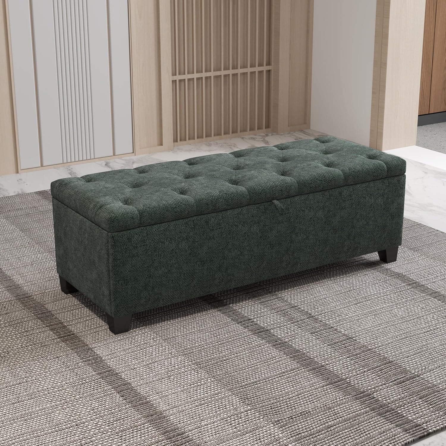 Ottoman with Storage, 48" Storage Ottoman Bench with Hinged Lid, Upholstered End of Bed Bench with Seating for Living Room, Bedroom, and Entryway, Green