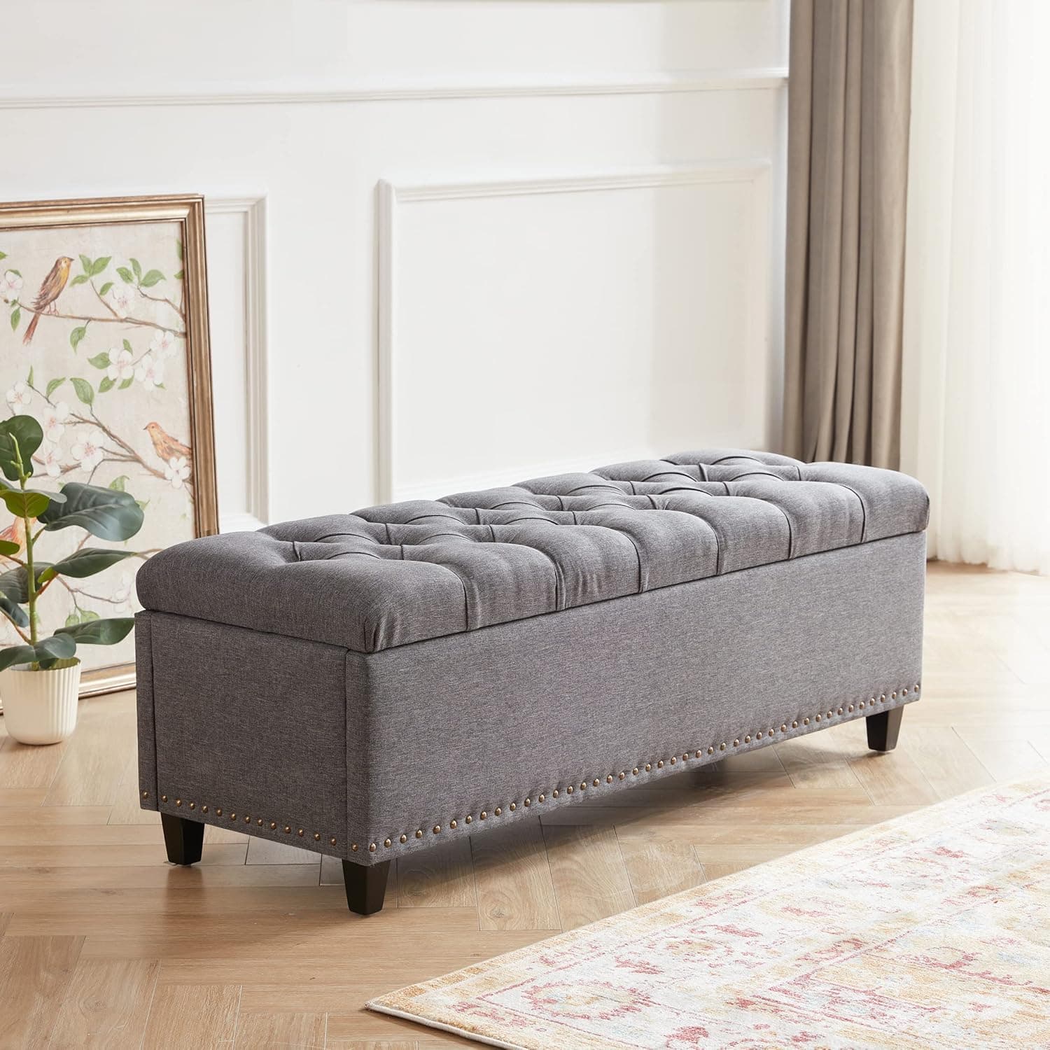Tbfit Ottoman with Storage, 50.8" Storage Bench with Button-Tufted, End of Bed Storage Bench Safety Hinge with Rivets, Large Storage Ottoman Bench for Bedroom, Living Room, Foot of Bed (Grey)