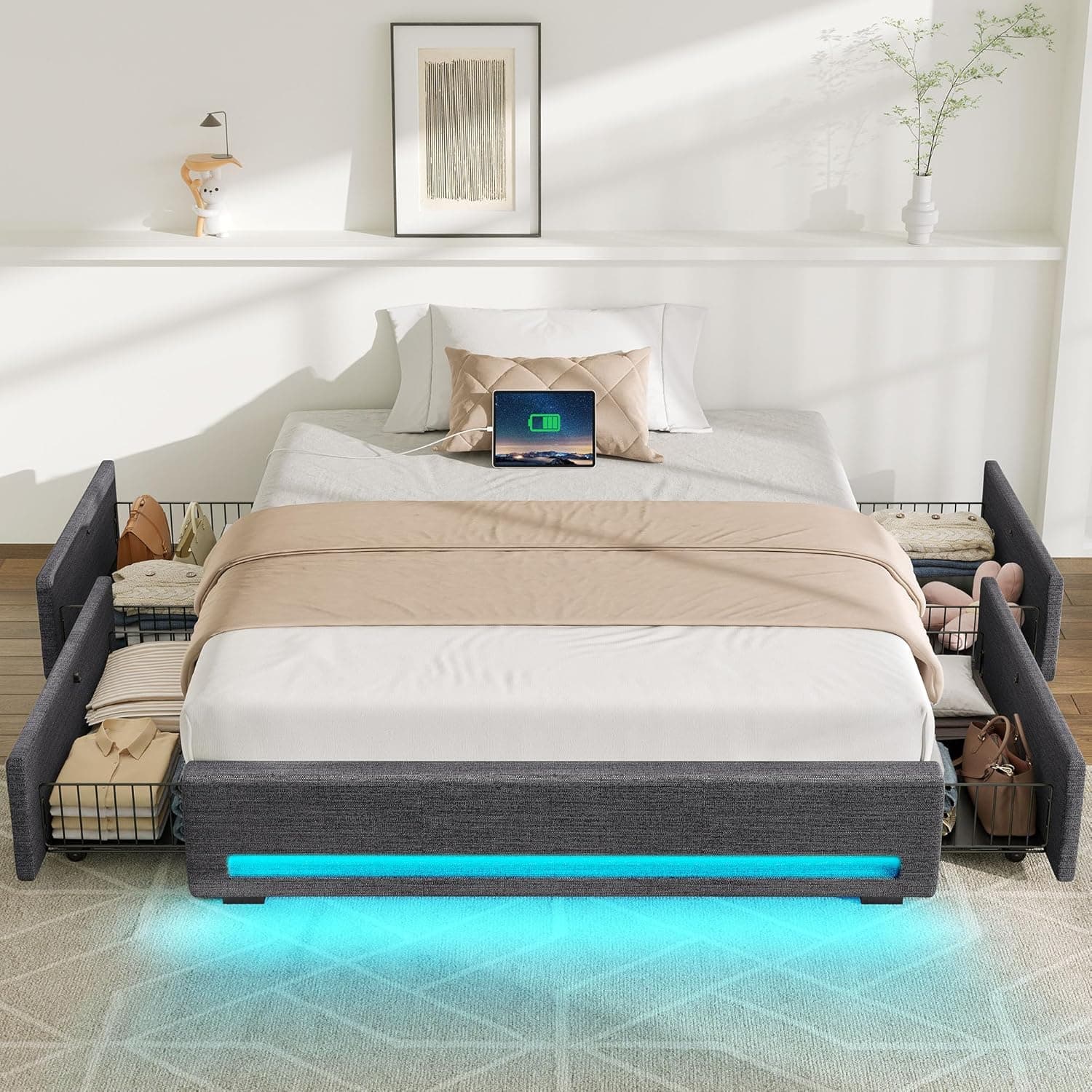 Rolanstar Twin Size Bed Frame with 4 Storage Drawers & Charging Station, Upholstered Platform Bed with LED Light, Heavy Metal Slats Support, No Box Spring Needed, Noise Free, Easy Assembly, Dark Grey