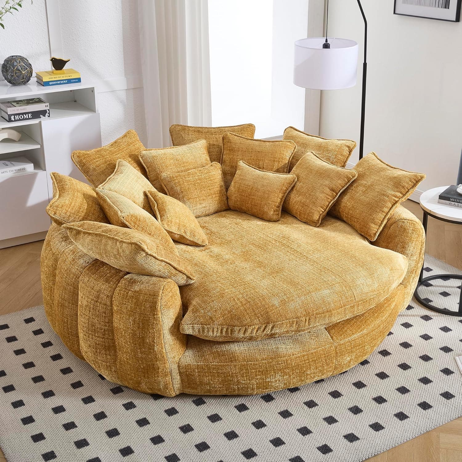 Oversized Round Chaise Lounge, 81.1in Extra Wide Barrel Chair for 2 People, Upholstered Cloud Chenille Round Sofa with 14 Pillows, Comfy Fluffy Sleeper Lounge Chair for Living Room