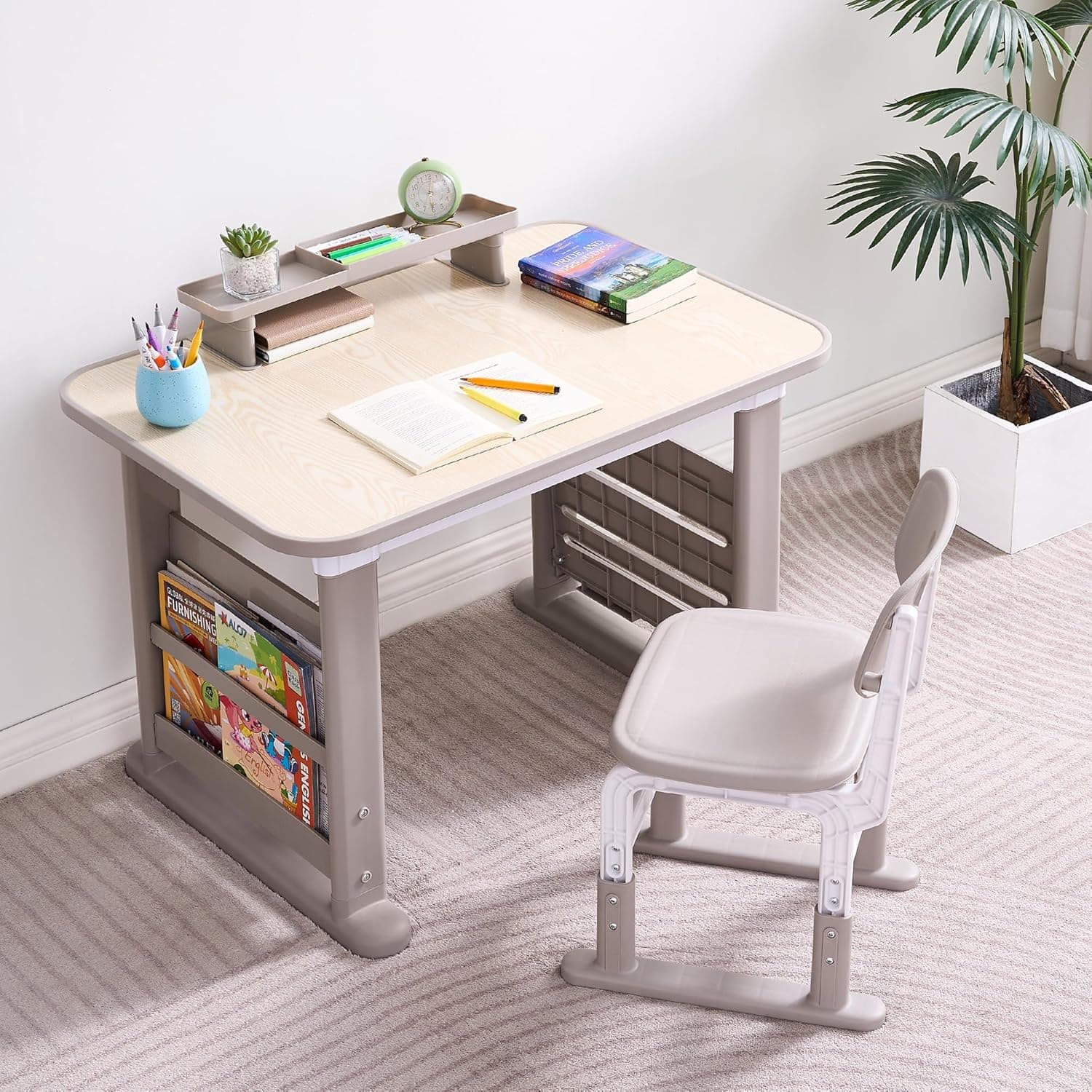 Kids Desk and Chair Set, Height Adjustable Childrens Study Desk, Graffiti Table for 3-12 Years, Kids Art Table with Side Bookshelf and Storage, Multi-Functional for Bedroom & Study Room(Grey)