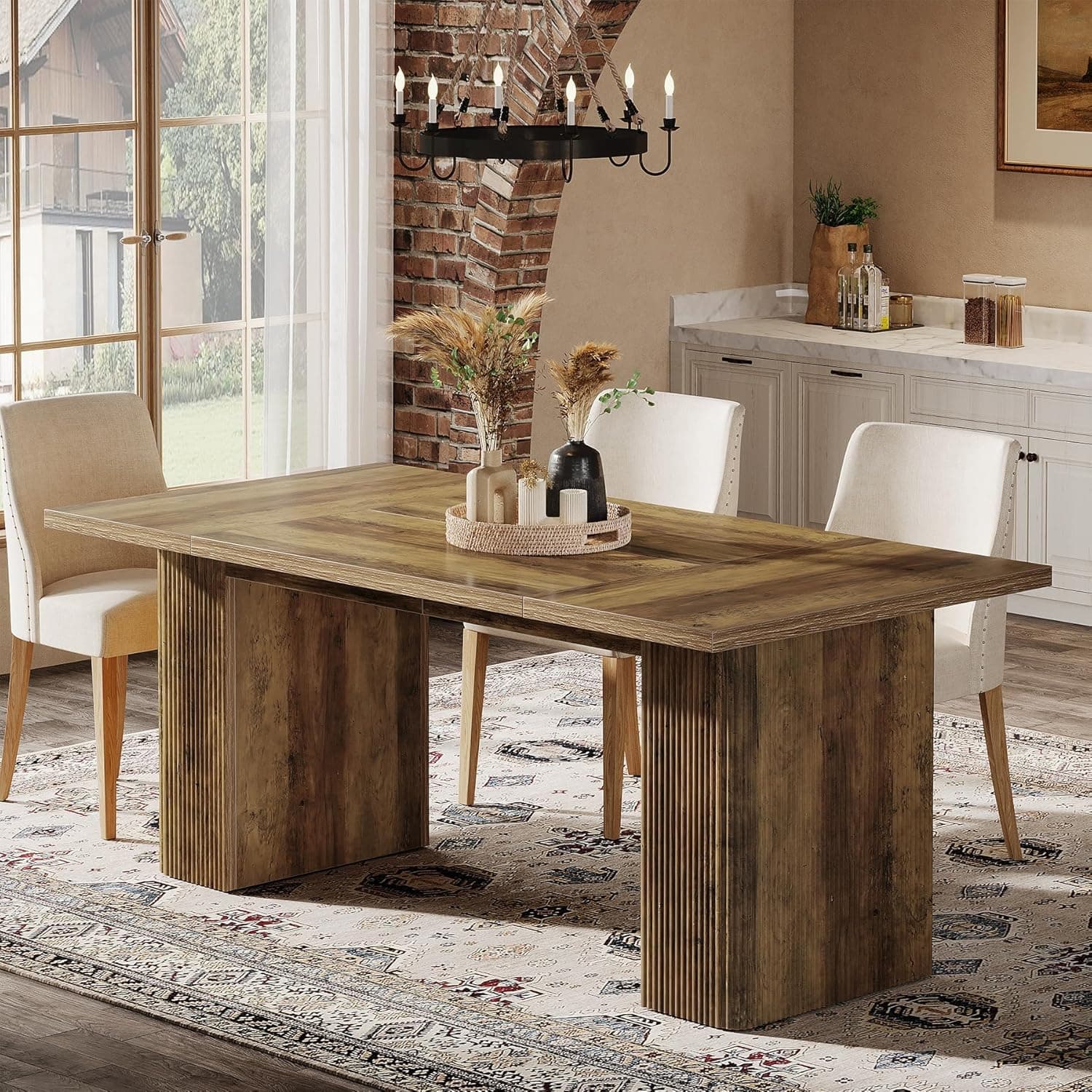 Tribesigns Farmhouse Dining Table for 4-6, 63-Inch Rectangle Kitchen Table with Double Robust Pedestals for Dining Room, Living Room, Easy Assembly & Heavy Duty, Rustic Brown