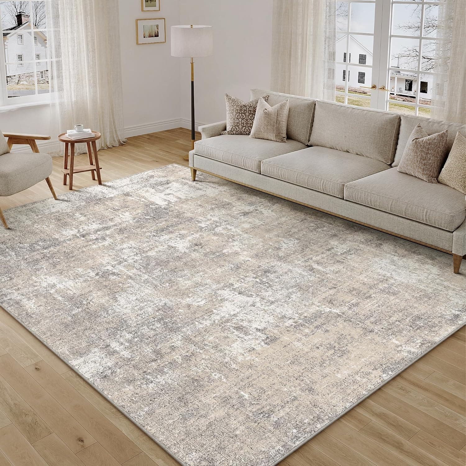 Machine Washable Area Rug 6x9 Beige Gray Large Living Room Indoor Accent Rug Neutral Modern Abstract Low Pile Carpet Non Slip Distressed Throw Rug Bedroom Office Dining Room