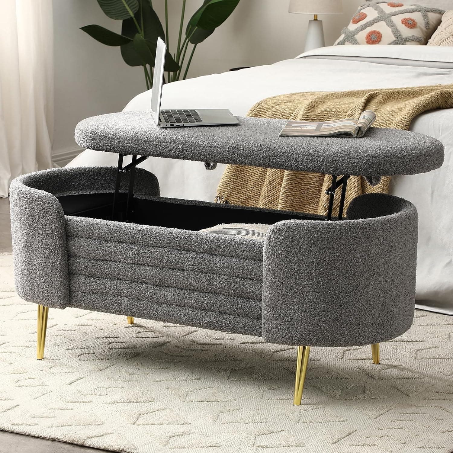 NIOIIKIT 48" Modern Lift Top Storage Ottoman Bench, Teddy Upholstered End of Bed, Entryway Bench with Tabletop, Tufted Window Bench with Metal Leg for Living Room, Entryway (Grey)
