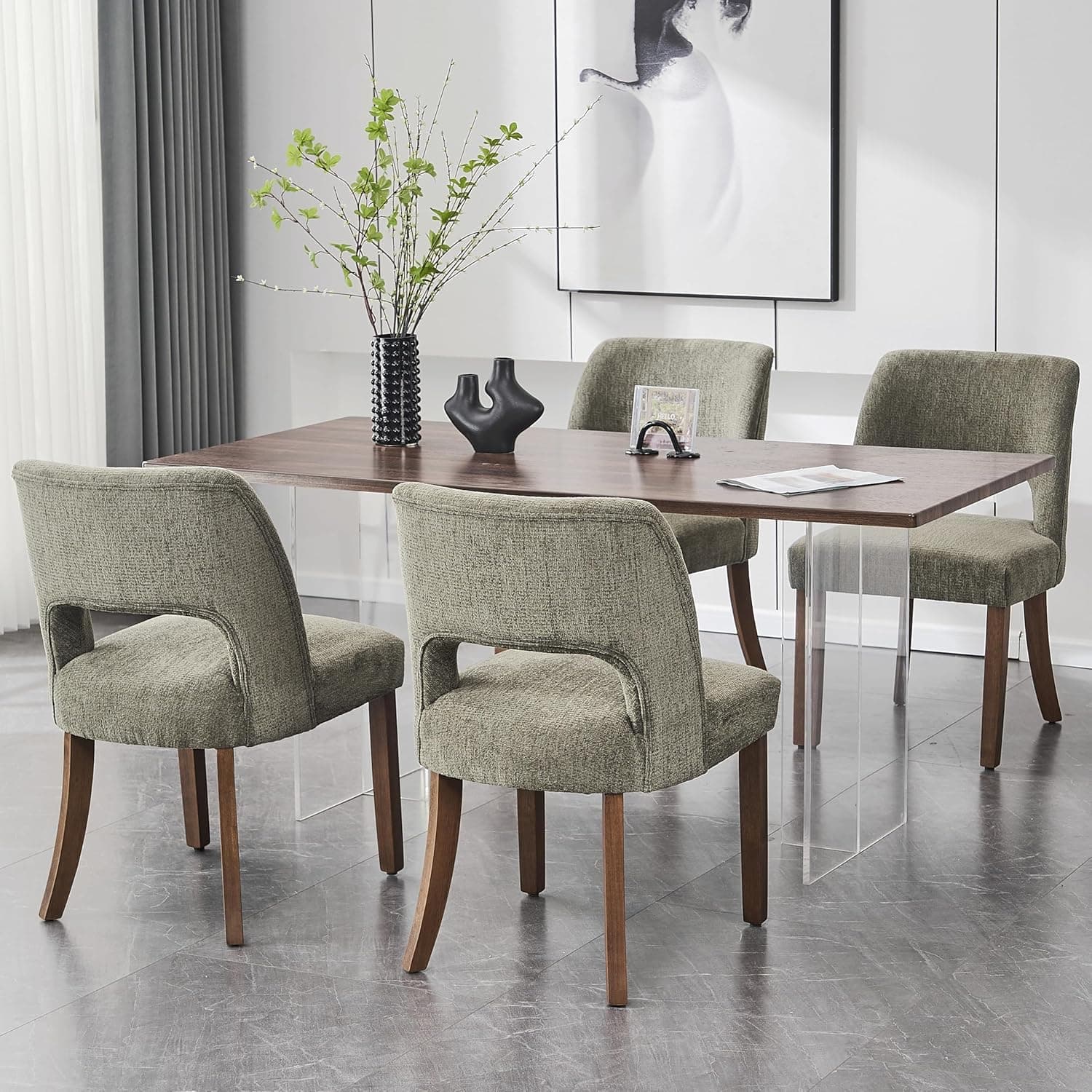 VKNOW Wooden Dining Chairs Set of 4, Modern Fabric Upholstered Dining Room Chair Kitchen Chairs, Farmhouse Dinner Chair for Kitchen Dining Room, Green