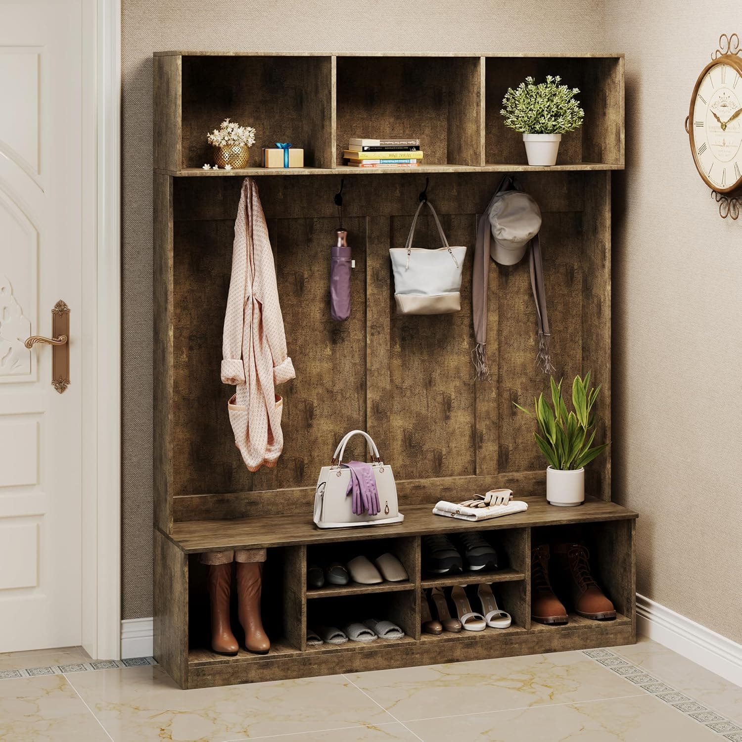 HAOBO Home Hall Tree with Bench and Shoe Storage, Entryway Bench with Coat Rack, Adjustable Shoe Cubbies, Open Shelves and Hanging Hooks, Mudroom Hallway Storage Cabinet