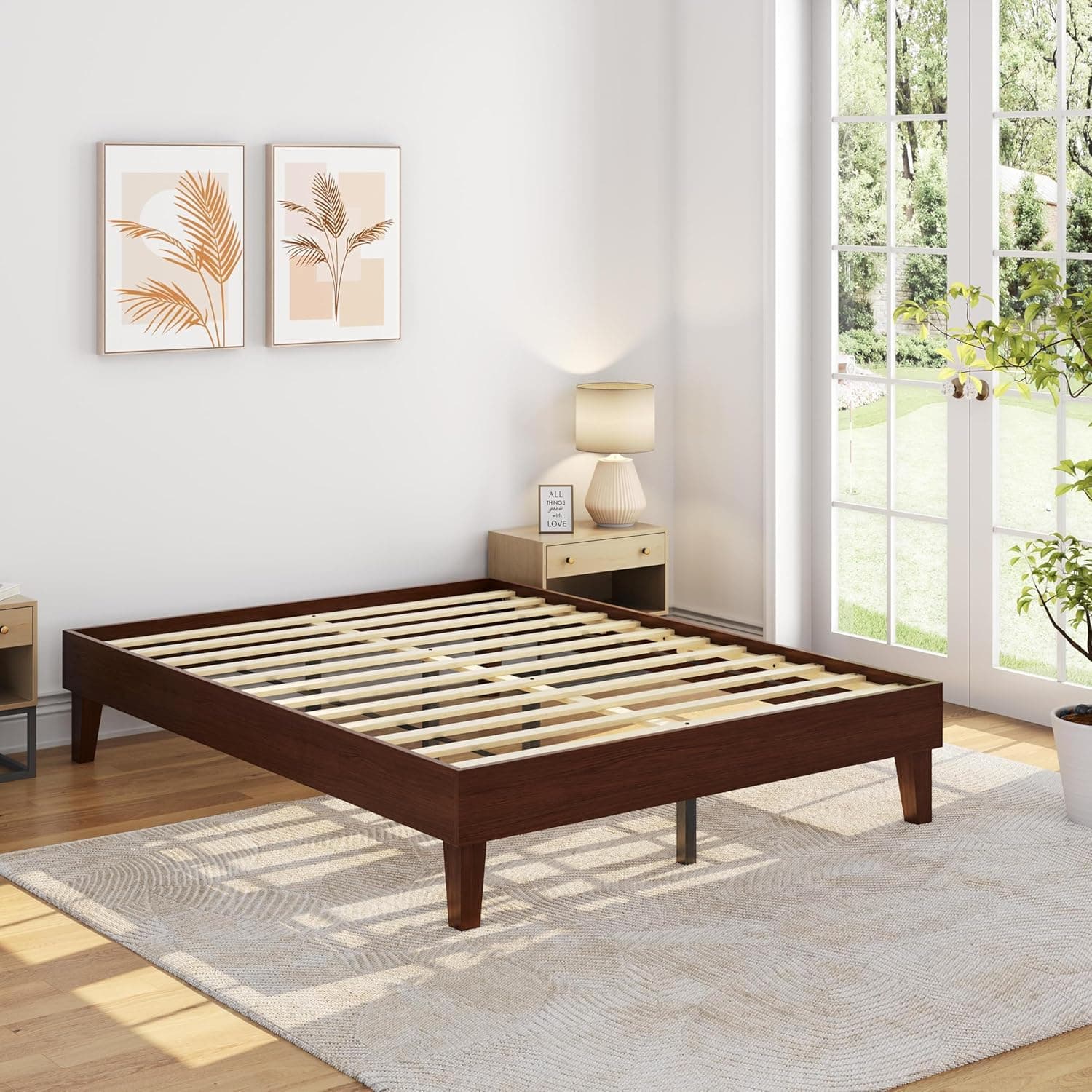 Yaheetech Queen Bed Frame Natural Solid Wood Platform Bed with Wooden Slats Support, 12-inch Underbed Space for Storage, Noise-Free Design, Easy Assembly, Dark Walnut Finish