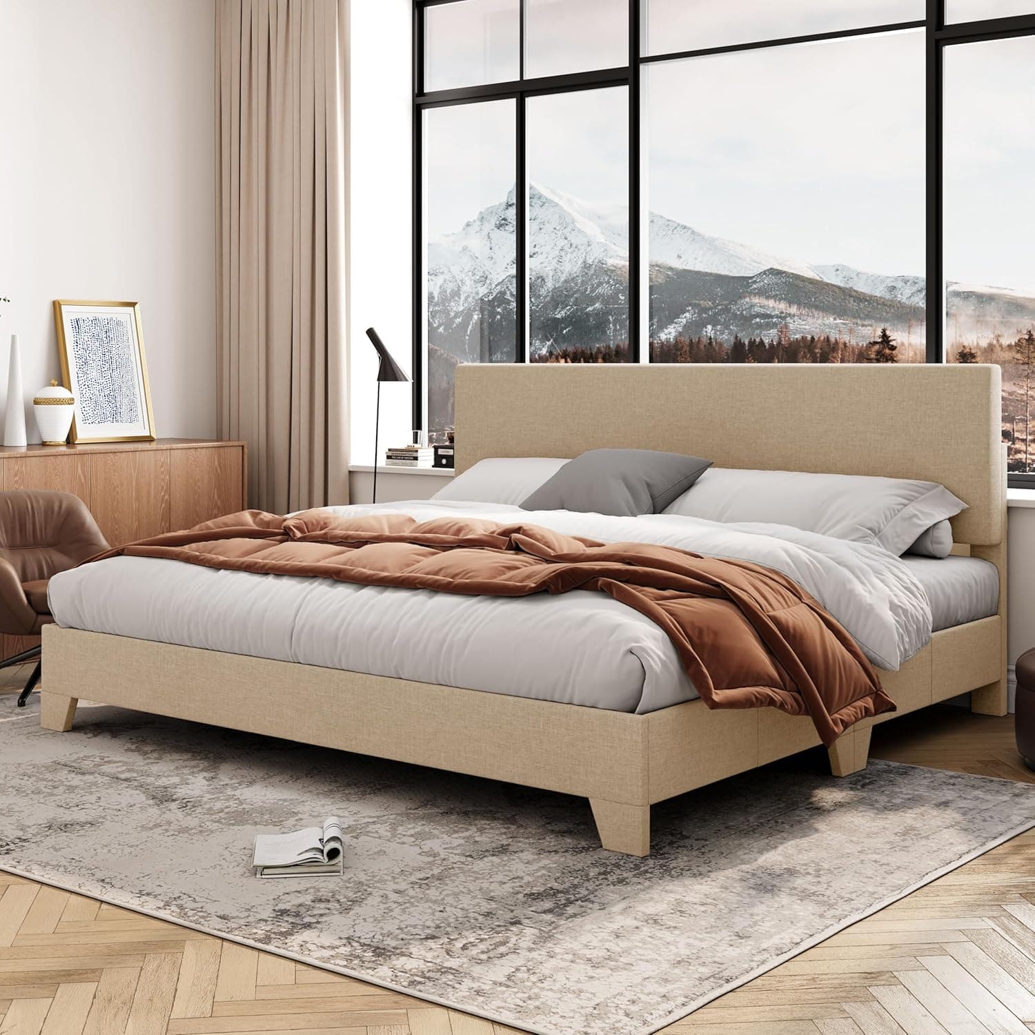 Allewie King Size Bed Frame with Adjustable Headboard, Upholstered Platform Bed with Wood Slats, Heavy Duty Mattress Foundation, No Box Spring Needed, Noise-Free, Easy Assembly, Beige