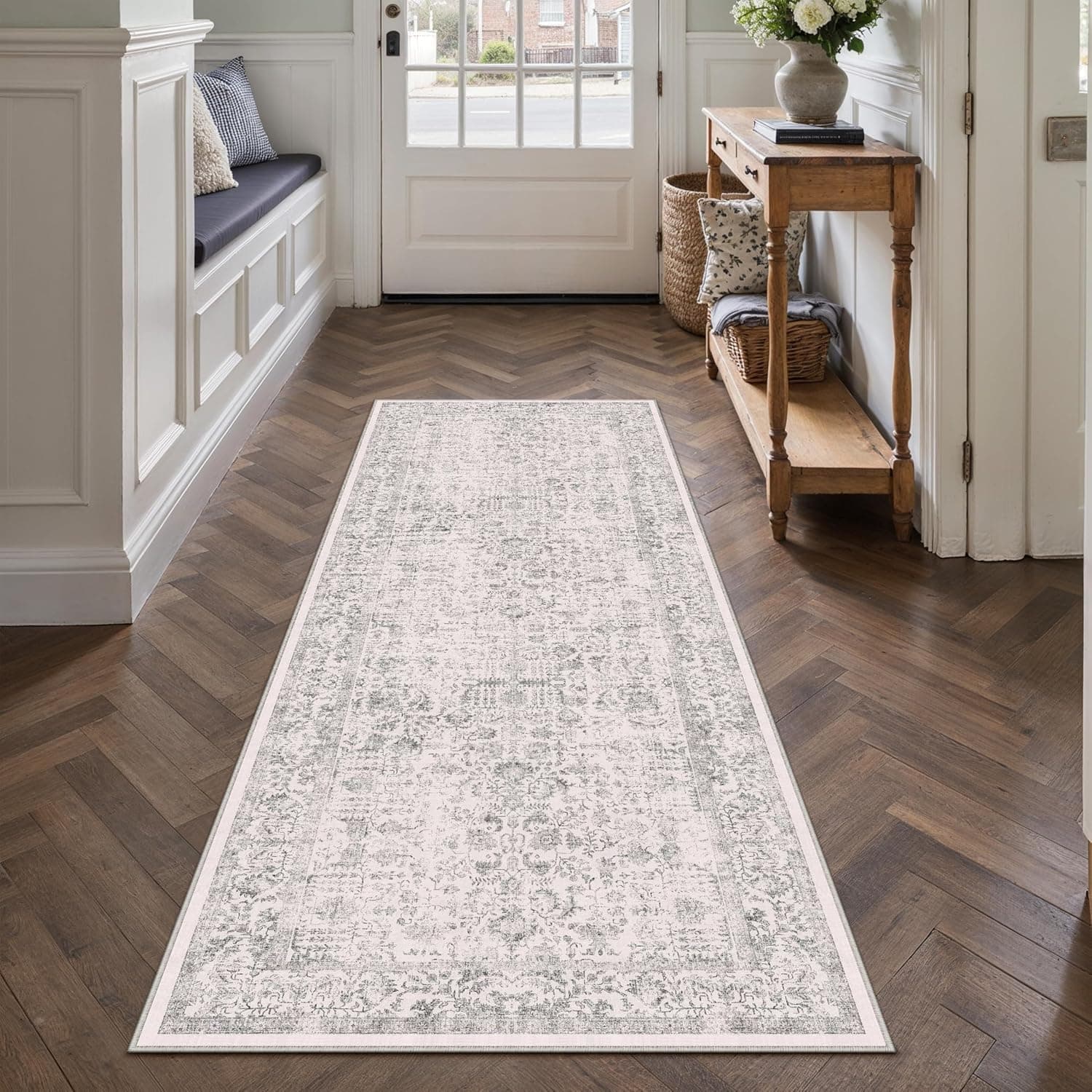 Gray Runner Rug 2x6 Hallway Machine Washable Kitchen Vintage Distressed Non Slip Long Carpet Indoor Grey Retro Floral Bedroom Accent Throw Rug for Bathroom Office Laundry Dining Living Room