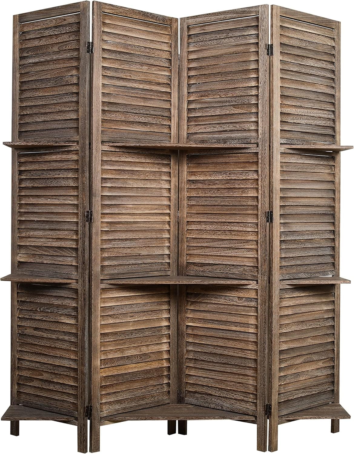 Proman Products Rancho Shelf 4 Panel Room Divider FS17191, Folding Screen, Privacy Screen, Room Partition, Paulownia Wood, (Max Extend with Shelves) 47" W x 11" D x 67" H, Rustic Brown