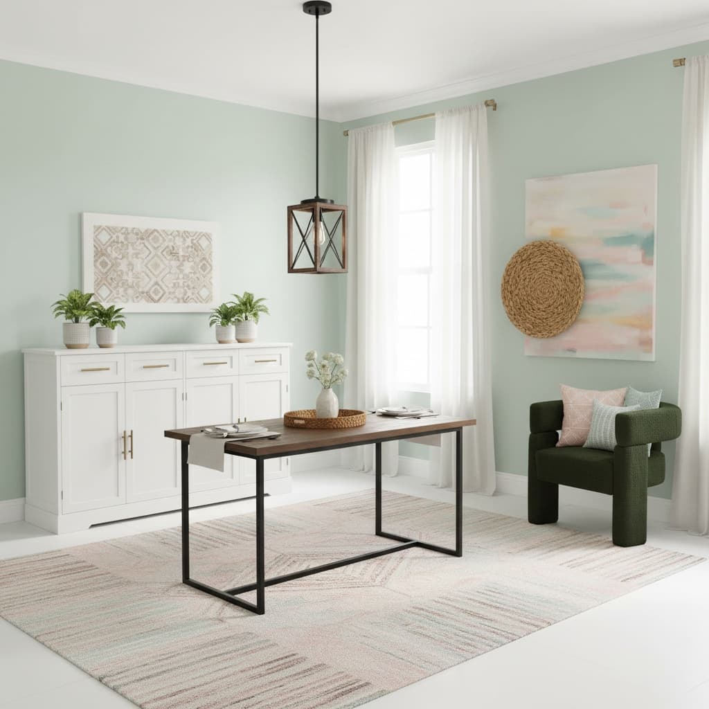 Design an Eco-Friendly Dining Room with Pastel Shades for a Soft, Sustainable Space