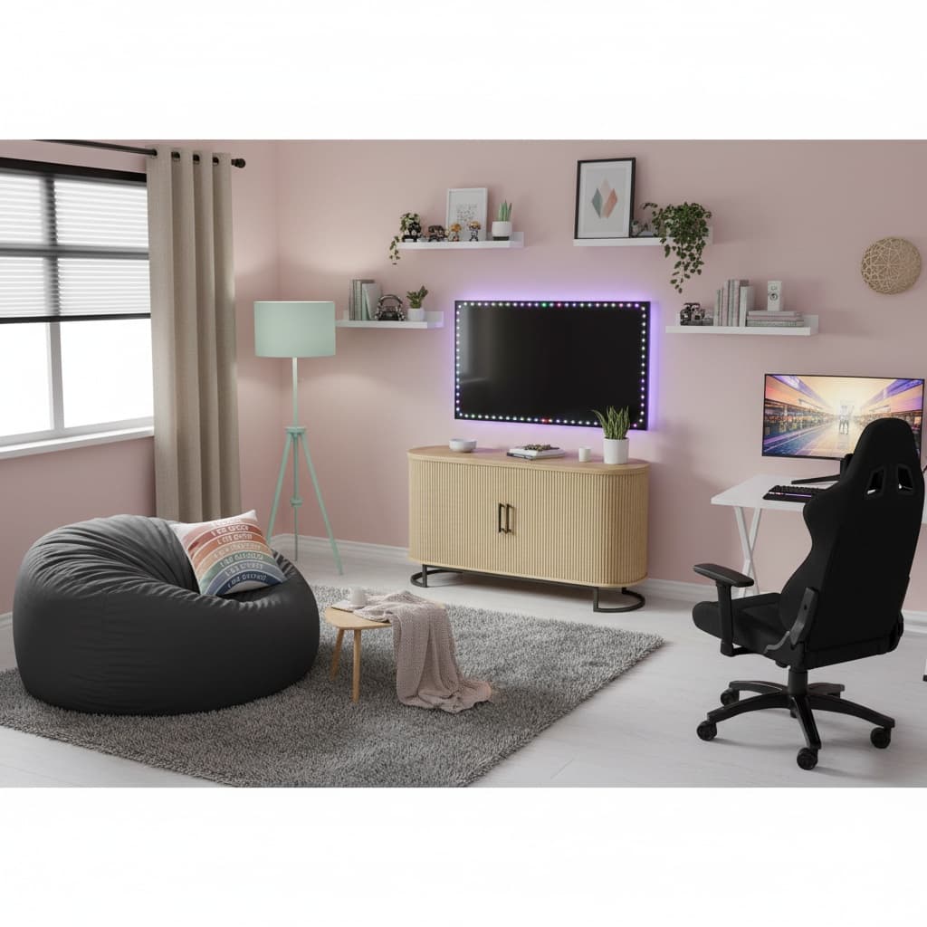 Design an Eco-Friendly Media/Game Room with a Soft Pastel Palette