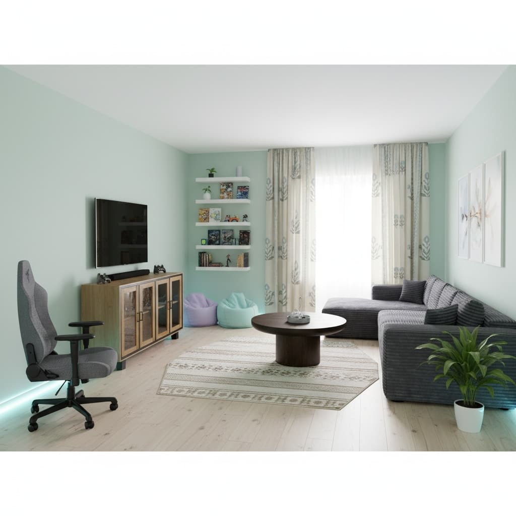 Modern Media/Game Room Design with a Pastel Color Scheme
